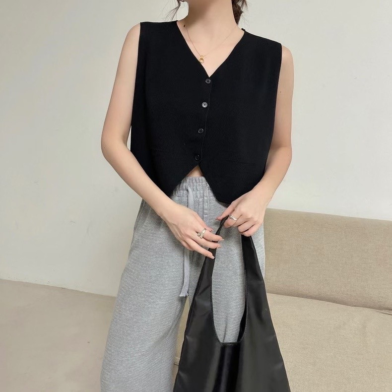 Button up V neck Knitted Top Women Summer Solid color Knitted Vest Vintage  Style Tank Top
