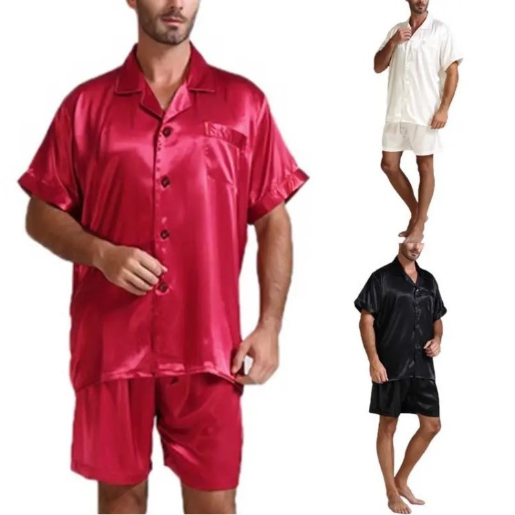 Men Fahion Summer 2Pcs Pajamas Suits Sets Satin Silk Short Sleeve ...