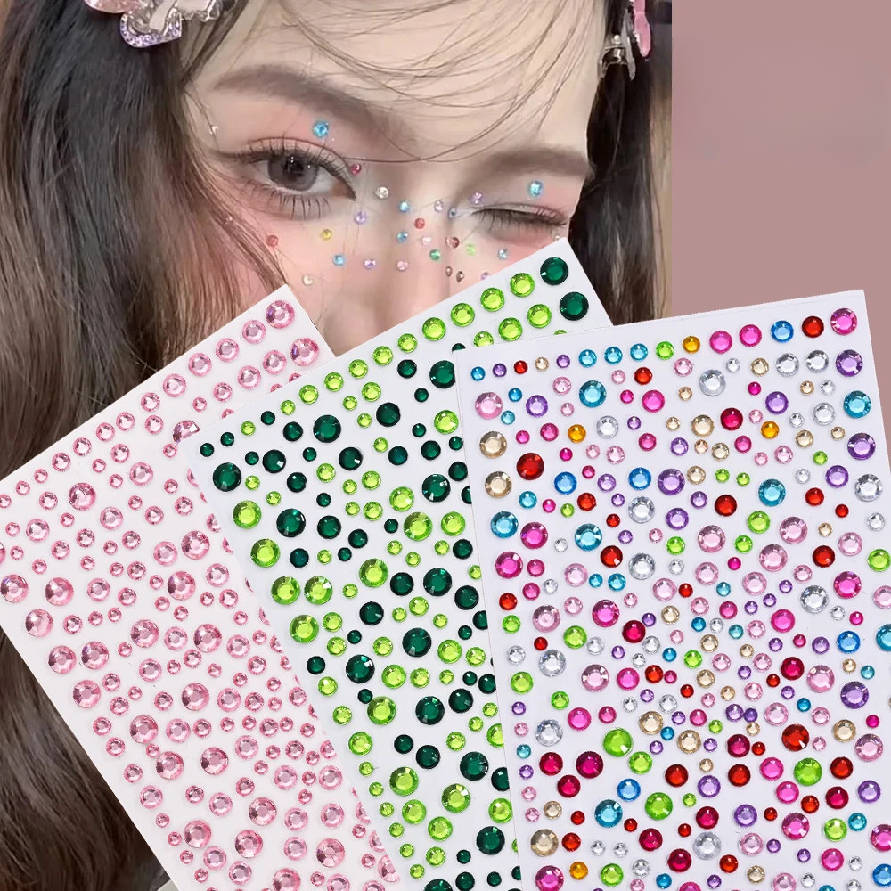 3pcs/set Face Diamonds Stickers Pink+Green+Rainbow Face Gems Glitter 3D ...