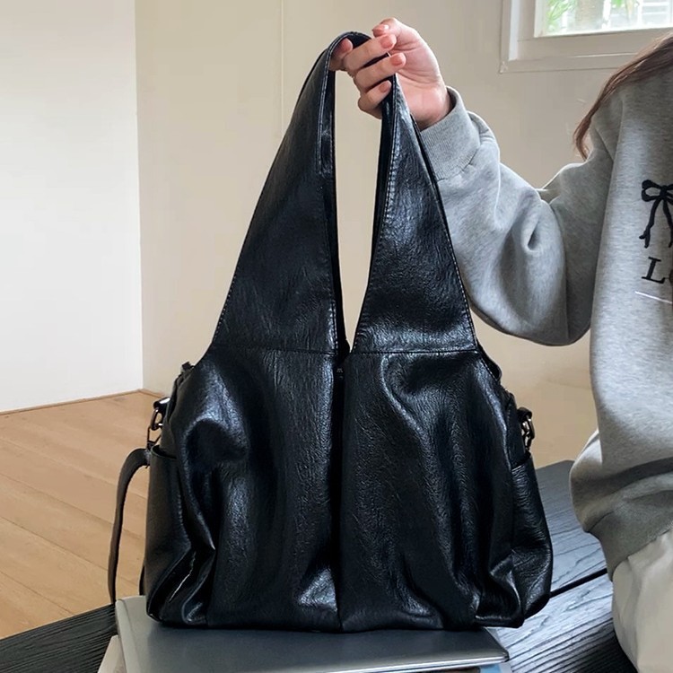 NEW Large Capacity Soft Leather Tote Bag BLACK Shoulder Commuting Bag Zipper