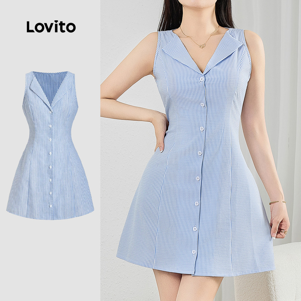 Lovito Women Casual Striped Button Front Spring/Summer Blue Dress ...