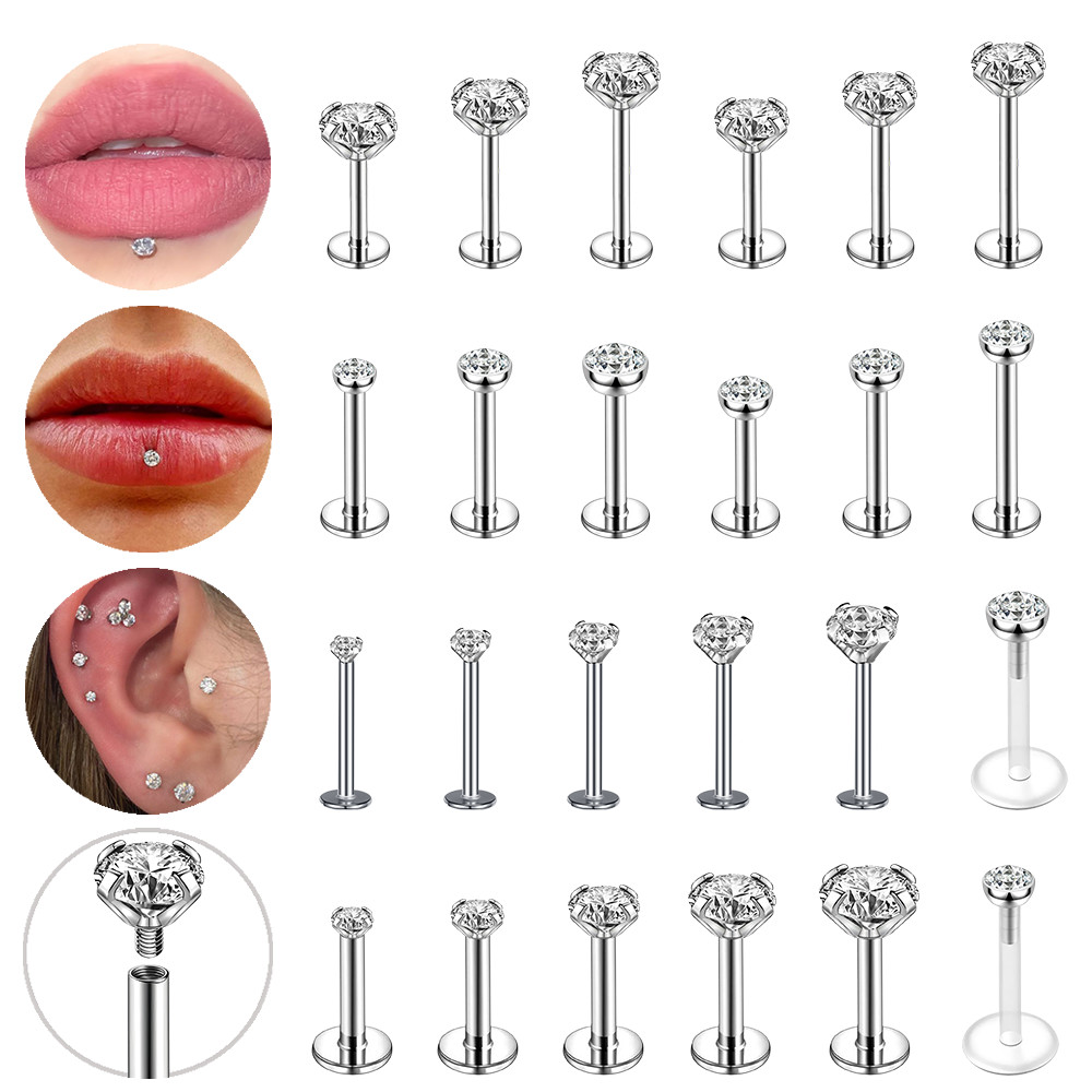 Stainless Steel Lip Stud 1 PC Crystal Ear Piercing Internal Threaded ...