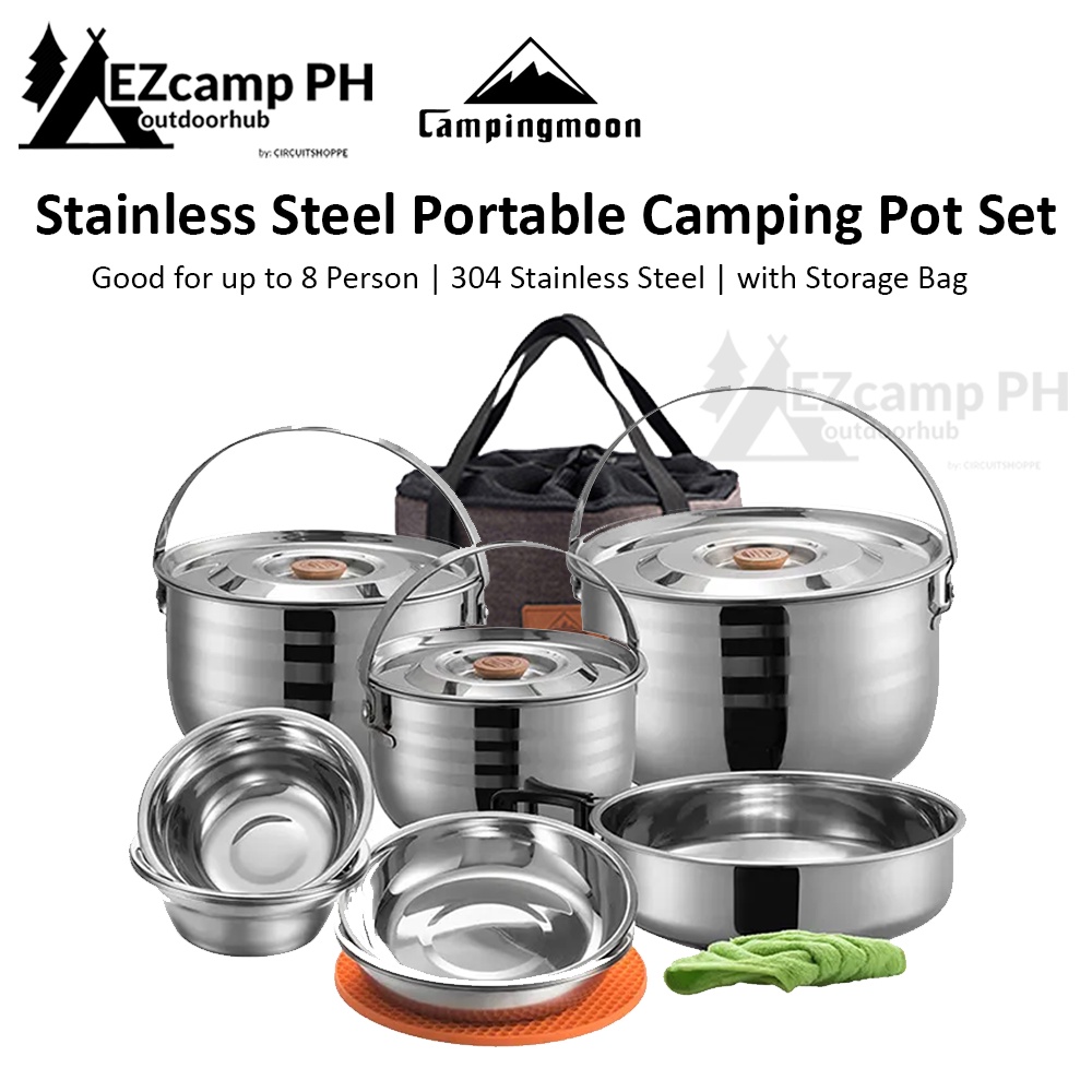 CampingMoon Portable Stainless Steel Camping Pot Set for 6 and 8 Person