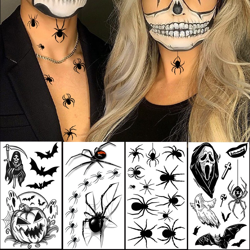 Halloween Black Temporary Tattoo Sticker Skeleton Death Scythe Bat Tombstone Pumpkin Fake Tattoo 