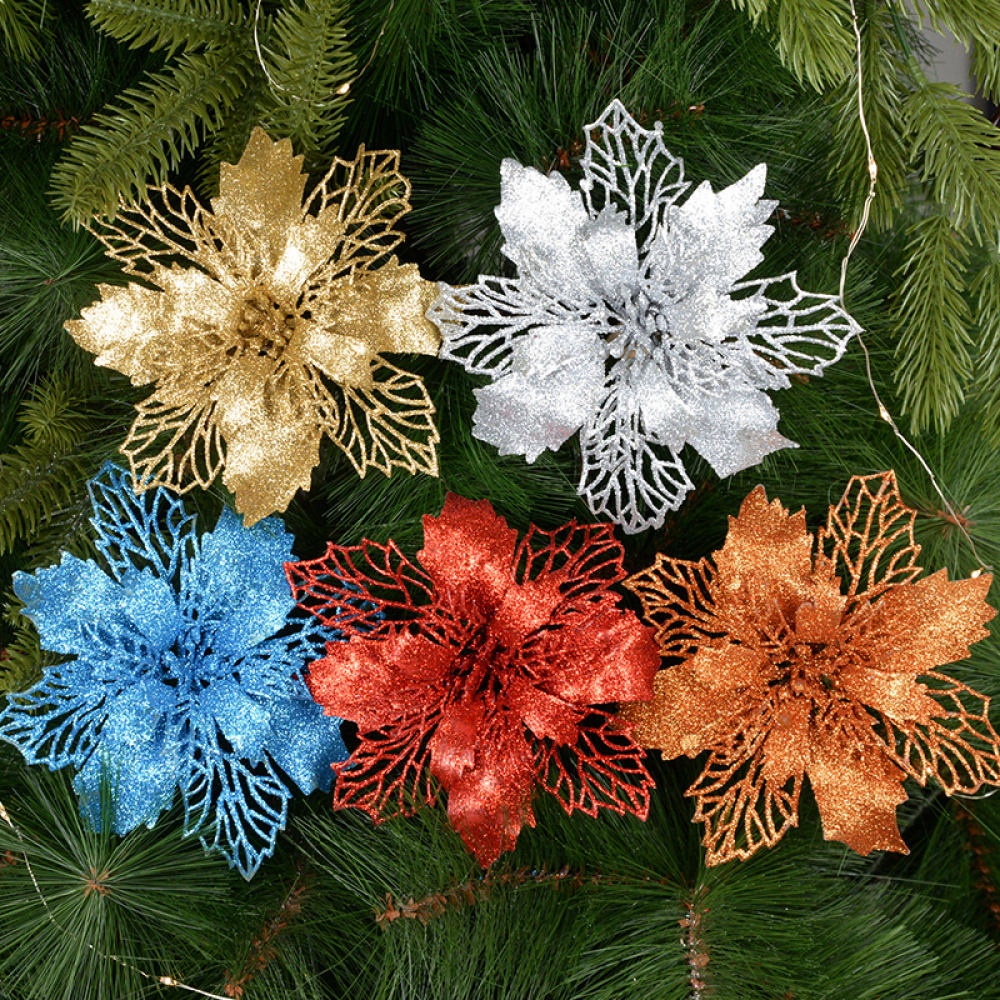 4pcs 16cm Big Size Glitter Poinsettia Flowers Set Artificial Silk