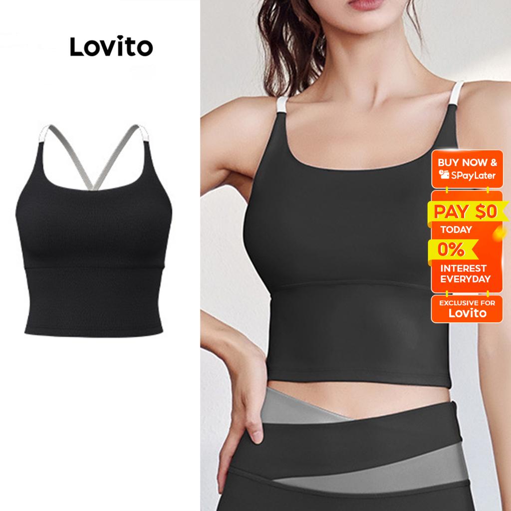 Lovito Sporty Plain Contrast Binding Sports Bras for Women LNA10094