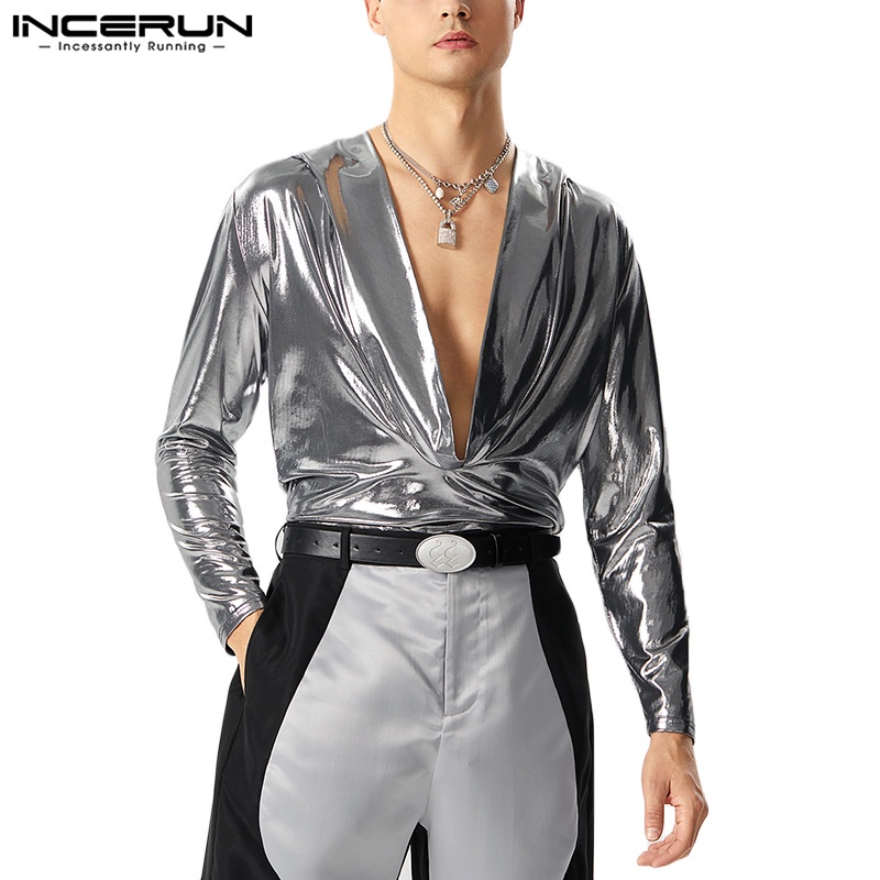 Incerun Men Sexy Style Swing Neck Deep V Long Sleeve Solid Color Triangle Bodysuits Shopee