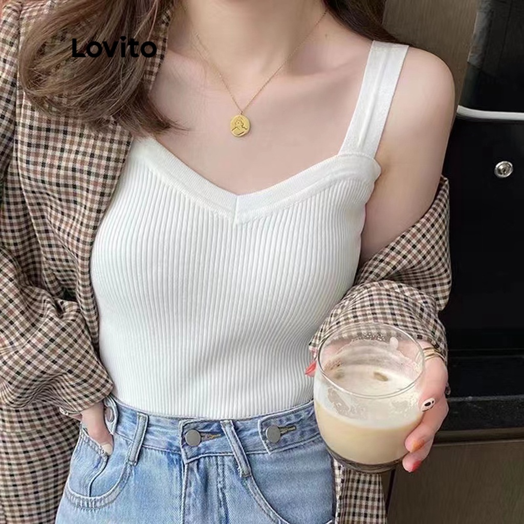 Lovito Casual Plain V Neck Sleeveless Rib Knit Tops for Women LNL01027 ...