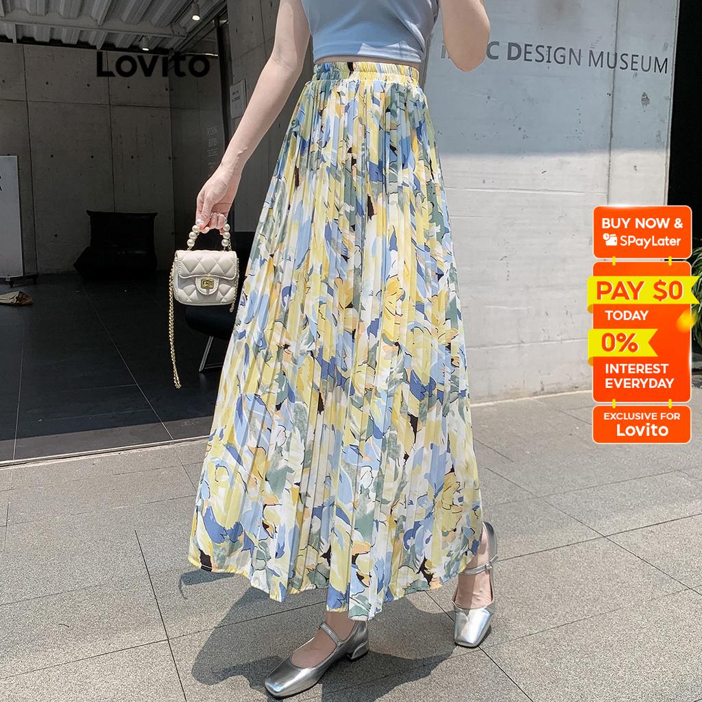 Lovito Casual Floral Ruched Pleated Maxi Skirts for Women LNE09166 ...