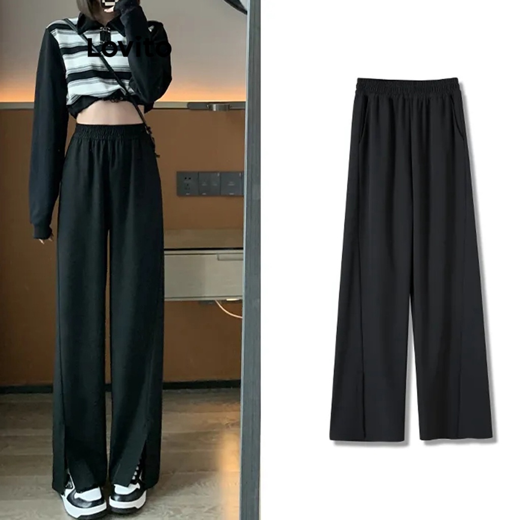 Lovito Women Split Front Basic Pants LNA20053 (Black) | Shopee Philippines