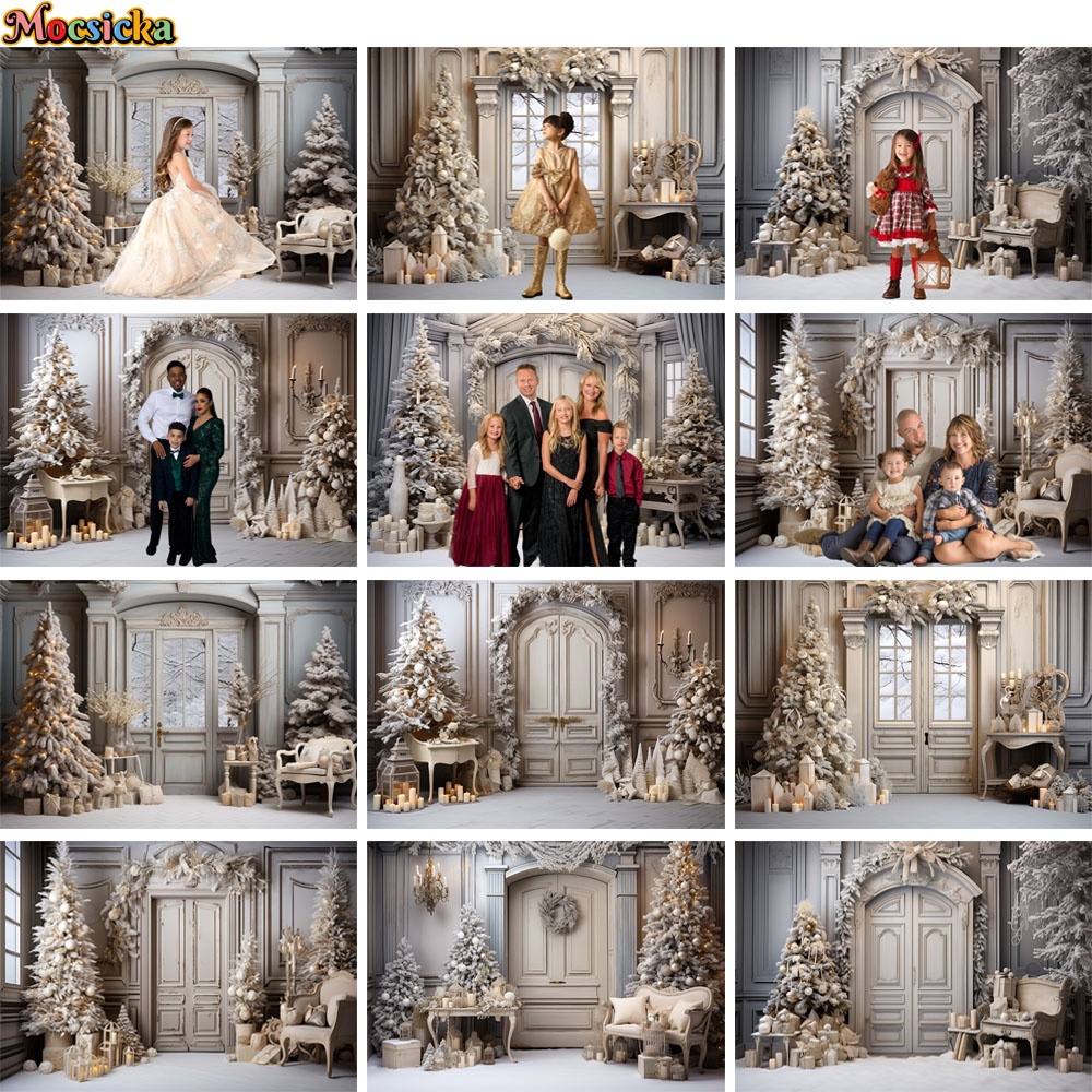 White Christmas Room Photography Backdrop Interior Vintage Door Gift ...