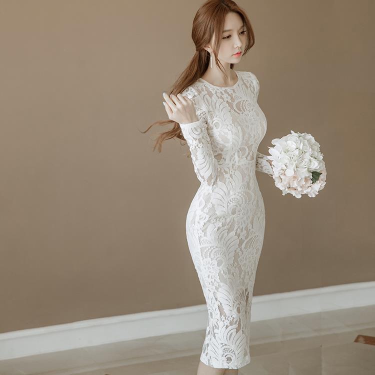 Korean White Lace Dress Long Sleeve Elegant Civil Wedding Dresses 34 Shopee Philippines