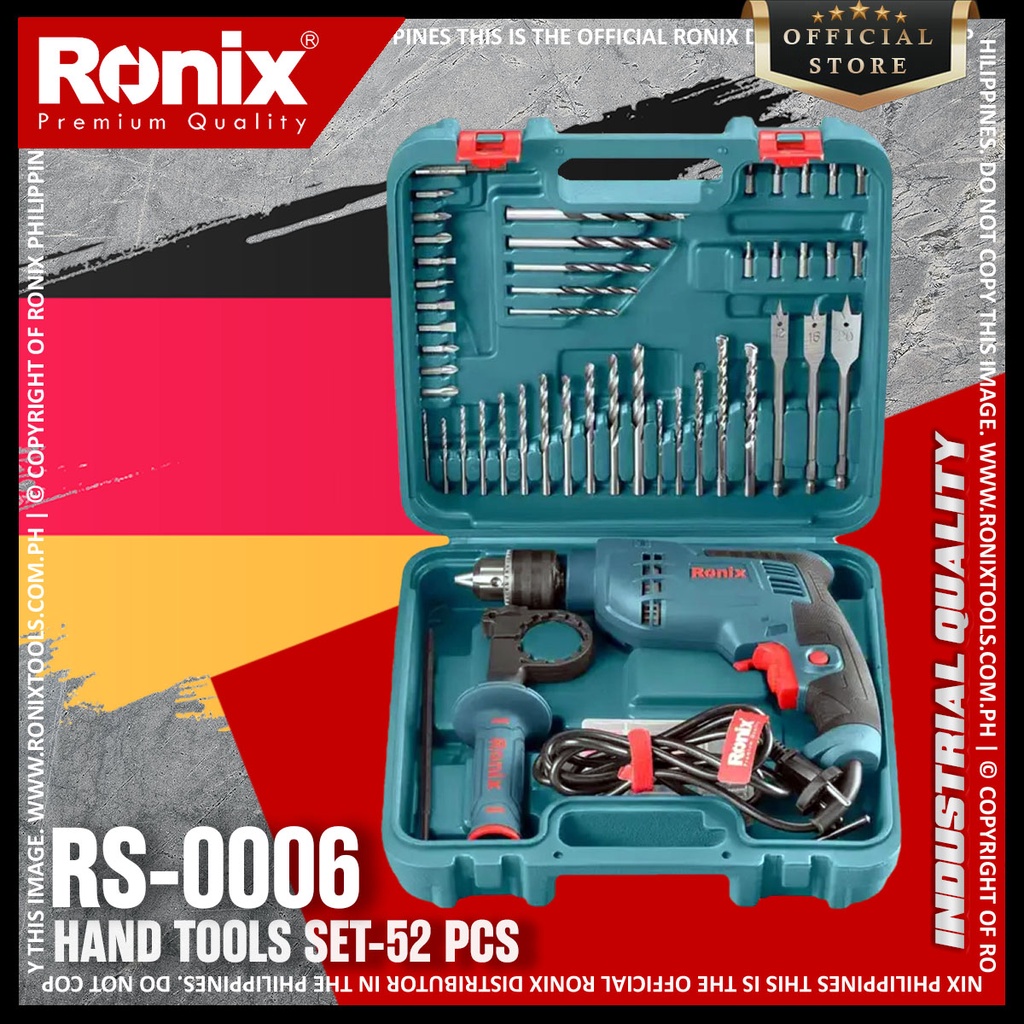 Ronix RS-0006 220-240V Electric Drill Tool Set Toolbox Storage for Homeowner DIY Handyman 52 Piece Impact Drill Kits