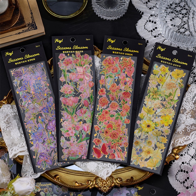 3 Sheets Golden&Silvery Bronzing Flower Series Stickers Scrapbook Deco ...