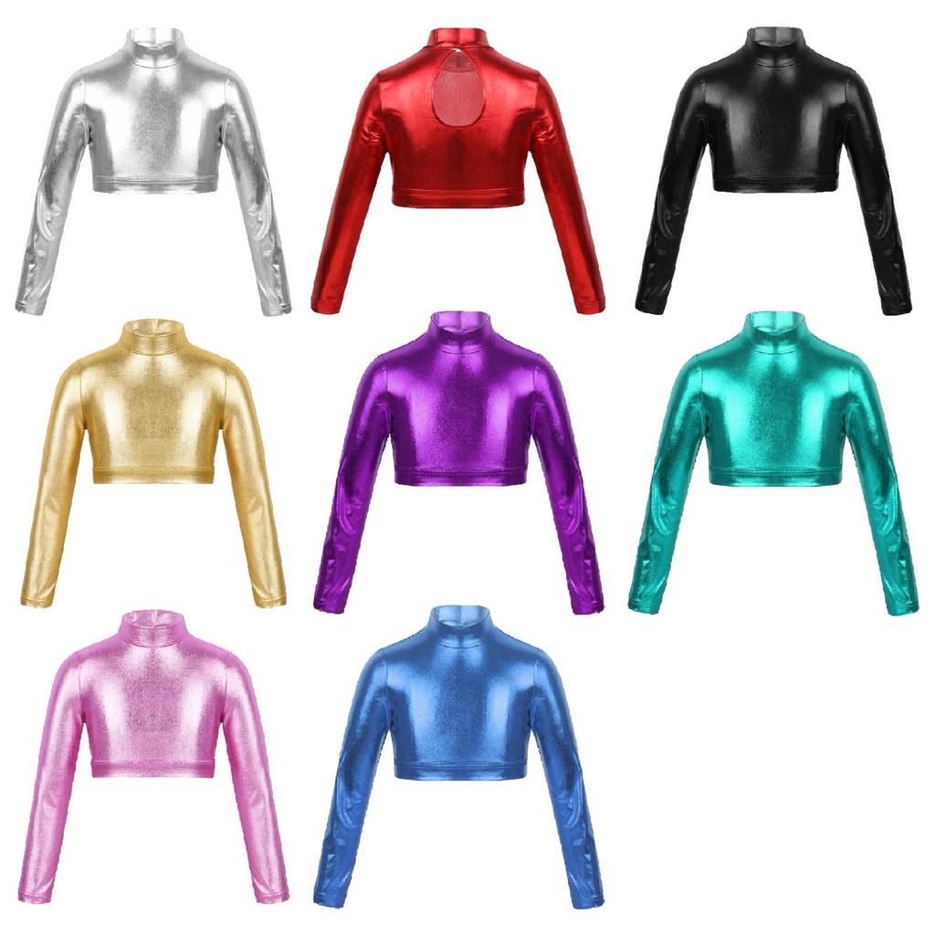 Yeahdor Metallic Dance Tops for Girls Long Sleeve Cropped Y2K Top Shiny ...