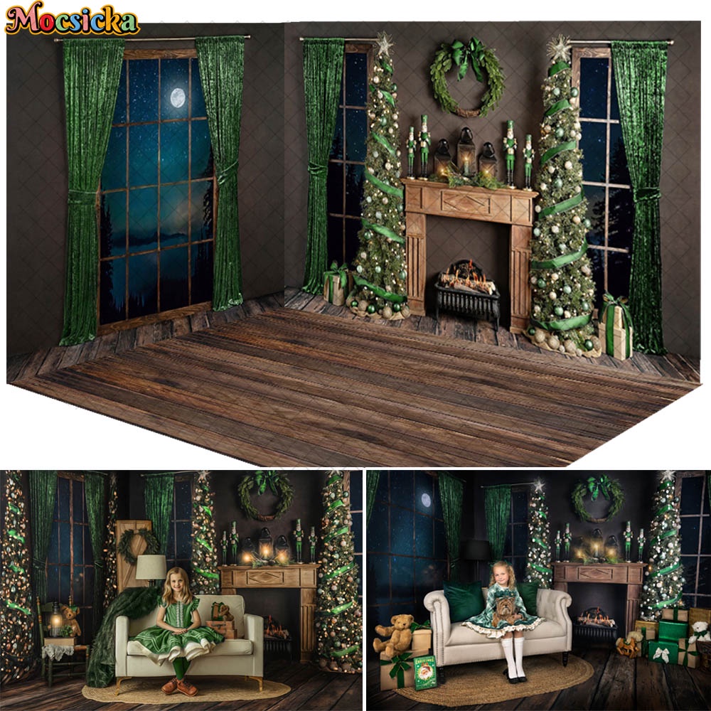 3D Green Christmas Room Family Portrait Background Indoor Curtain ...
