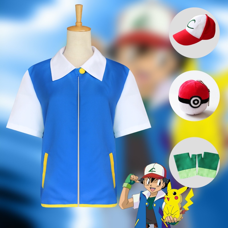 Pokemon Ash Ketchum Cosplay Costume Full Set Adults Jacket Gloves Hat ...