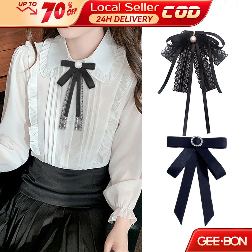 GEEBON Lace Ribbon Bow Tie Pearl Pendant Brooch Pin Necklace Jabot