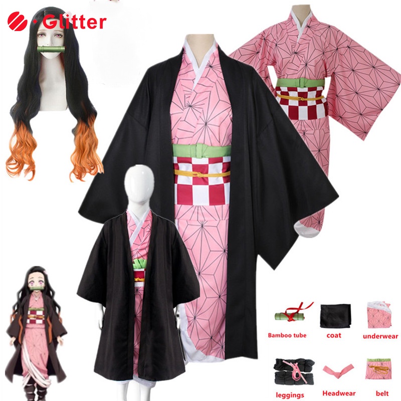 Anime Demon Slayers Kamado Nezuko Cosplay Costume Bamboo for Kids Girl
