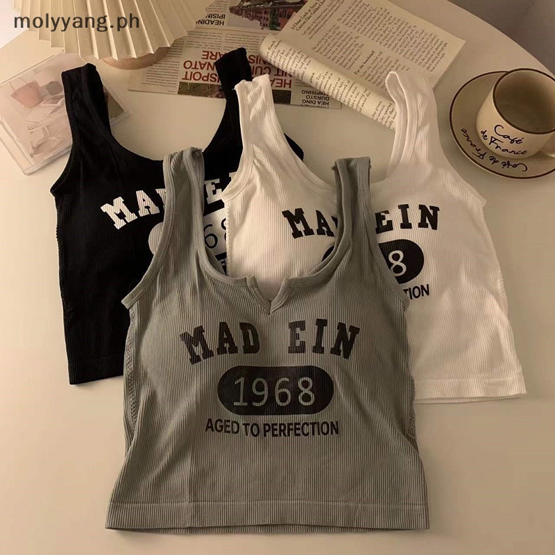 LYN Vintage Women Letters Print Tops V-Neck Sleeveless Integrated ...