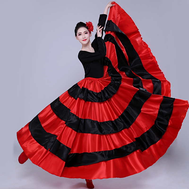 Womens Long Circle Spanish Bull Folkloric Mexican Flamenco Bomba Y Plena Belly Dance Skirt Party Dancing Costume (Red