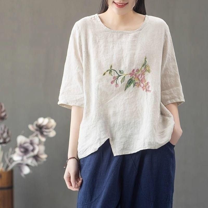 Cotton and Linen Blouse Plus Size Women's Summer Retro Casual ...