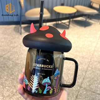 NEW Starbucks Black Halloween Mushroom Tumbler Mason Straw Cup W/ Coaster  Topper