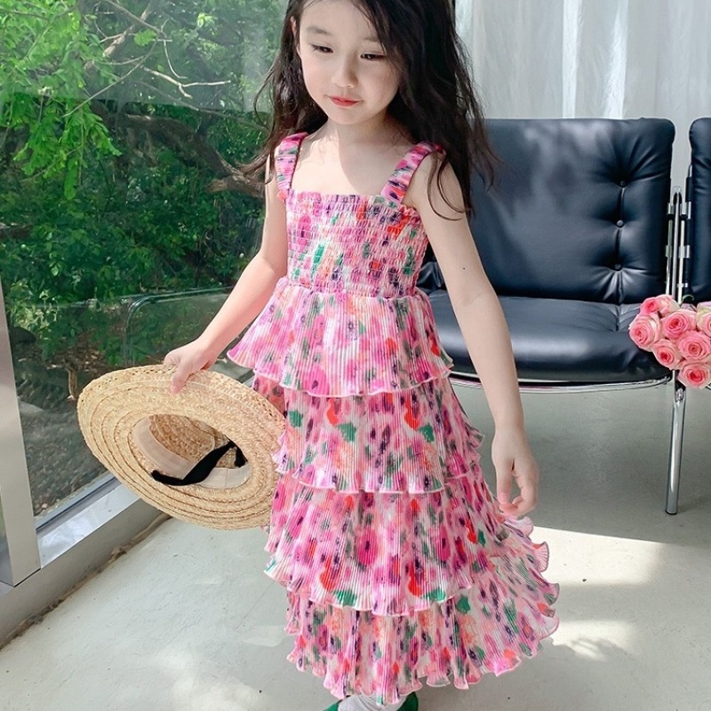 ((2-12 Years) Korean Girl Pink Floral Sling Dress Beautiful Skirt