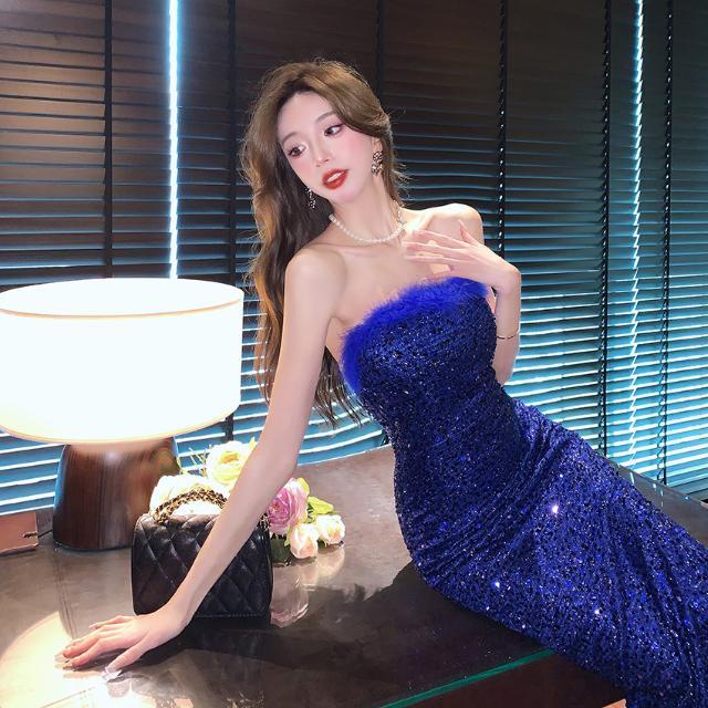 Korean Blue Sequin Dress Prom Cocktail Bday Party Bodycon Dresses Gown ...