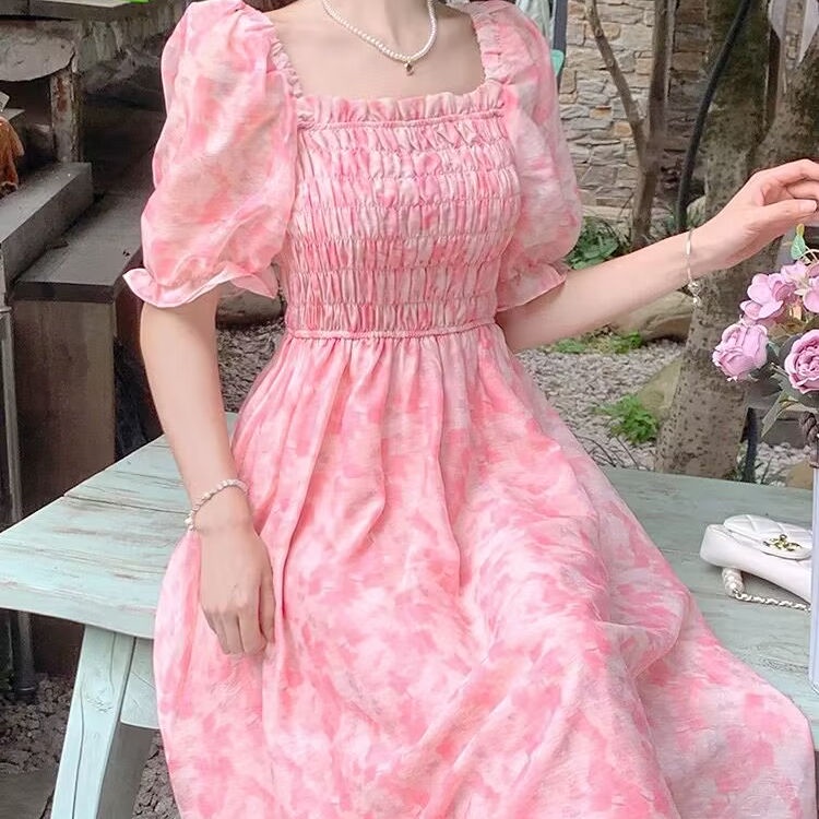 COD) Pink Floral Chiffon Dress French High Waist Fairy Gentle Long Dress |  Shopee Philippines