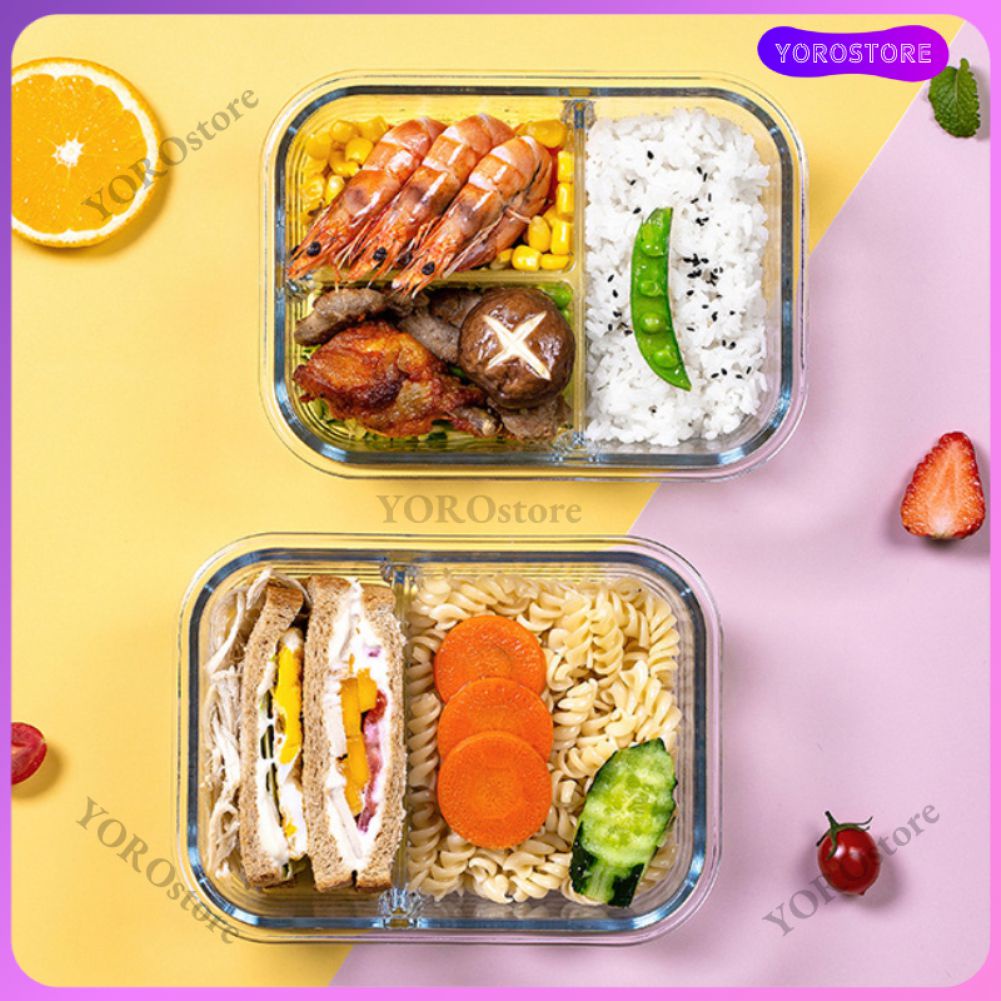 Glass Lunch Box With Lid 3 Dividers Food Keeper Crisper Leak Proof Microwavable Lunch Bento Box