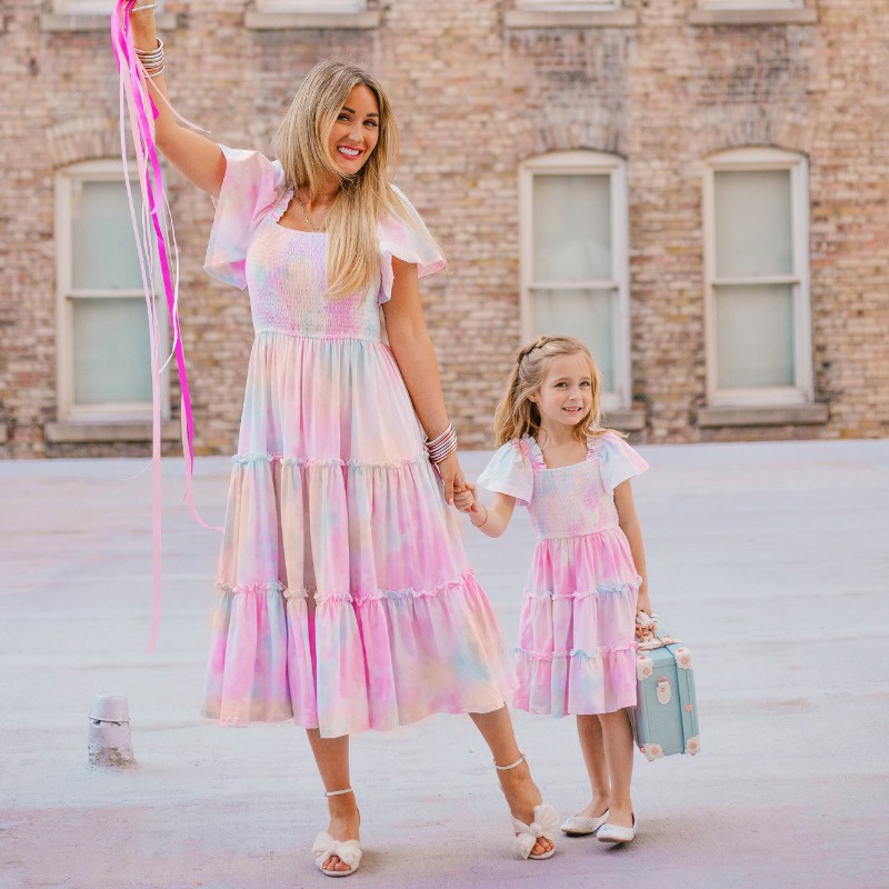 Mommy and Me Matching Dresses Flared Sleeve Square Neck Floral Gradient ...