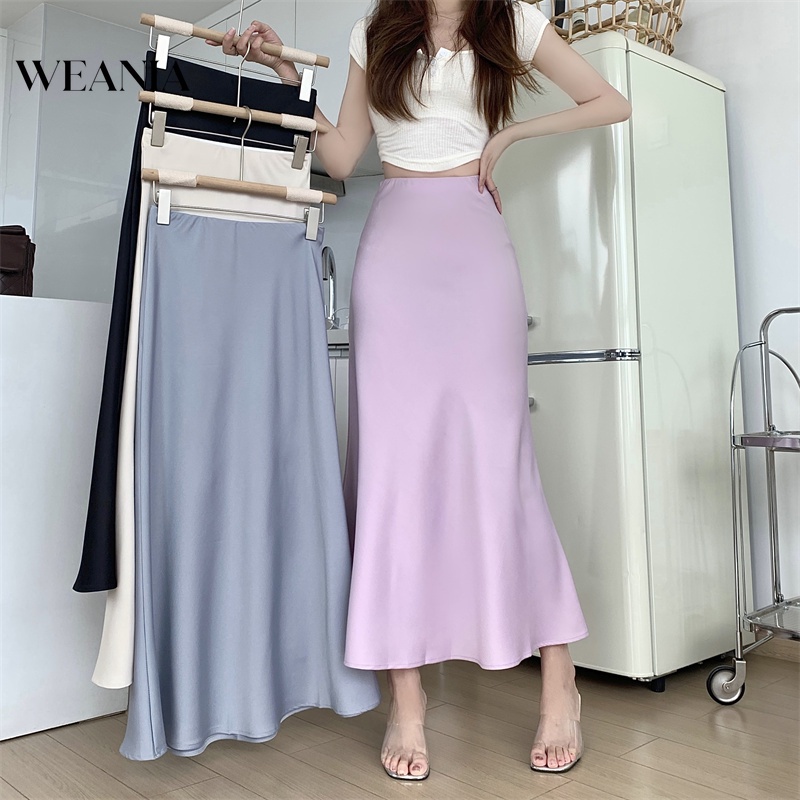 WEANIA Women Korean Style Elegant Fish Tail Bodycon Satin Long Skirt ...