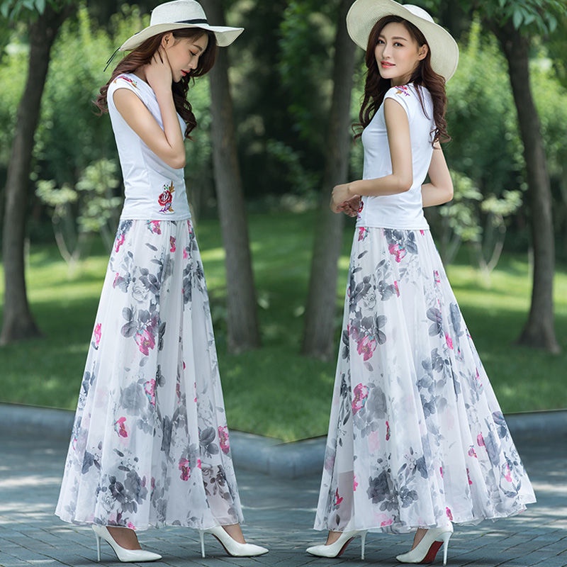 Women Chiffon Skirt Bohemian Floral Large Size Skirts Women Beach Long Skirt Shopee Philippines