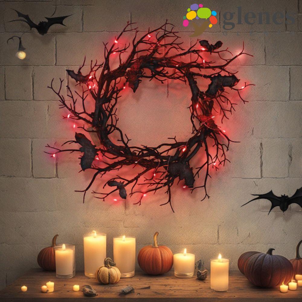 GLENES Halloween Wreath, With Red LED Light 45CM Bat Black Branch