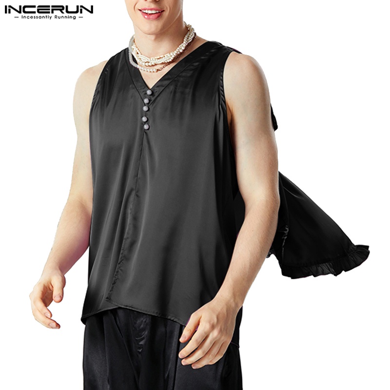 INCERUN Men Vintage Satin French Ruffle V-Neck Sleeveless Tanks ...