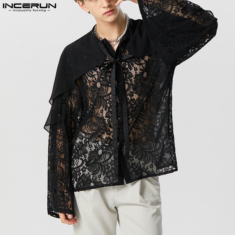 INCERUN Men Vintage Ribbon Lace See-Through Long Sleeve Shirts | Shopee ...