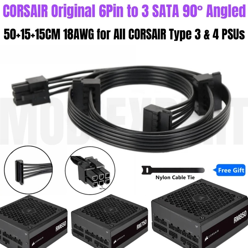 Original 6Pin to 3x SATA Right Angled SSD HDD Power Cable for CORSAIR