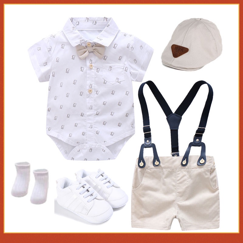Baby Boy 1st Birthday Outfit Set – Animal Forest Romper, Shorts, Suspenders & Bow Tie For Photo Shoot, Party