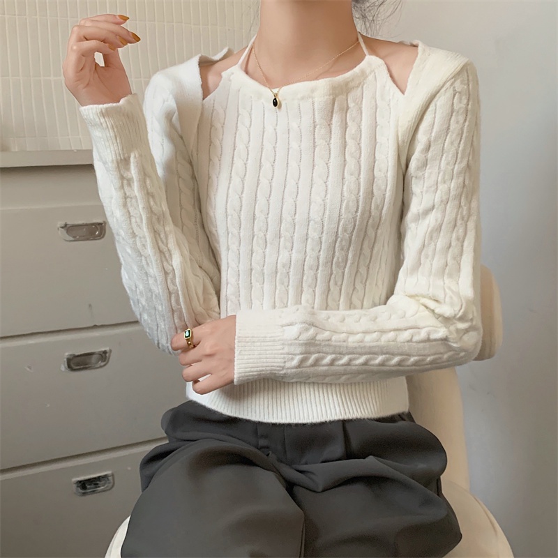 Real Shot New Style Twist Exposed Clavicle Slim Fake Two-Piece Sweater ...