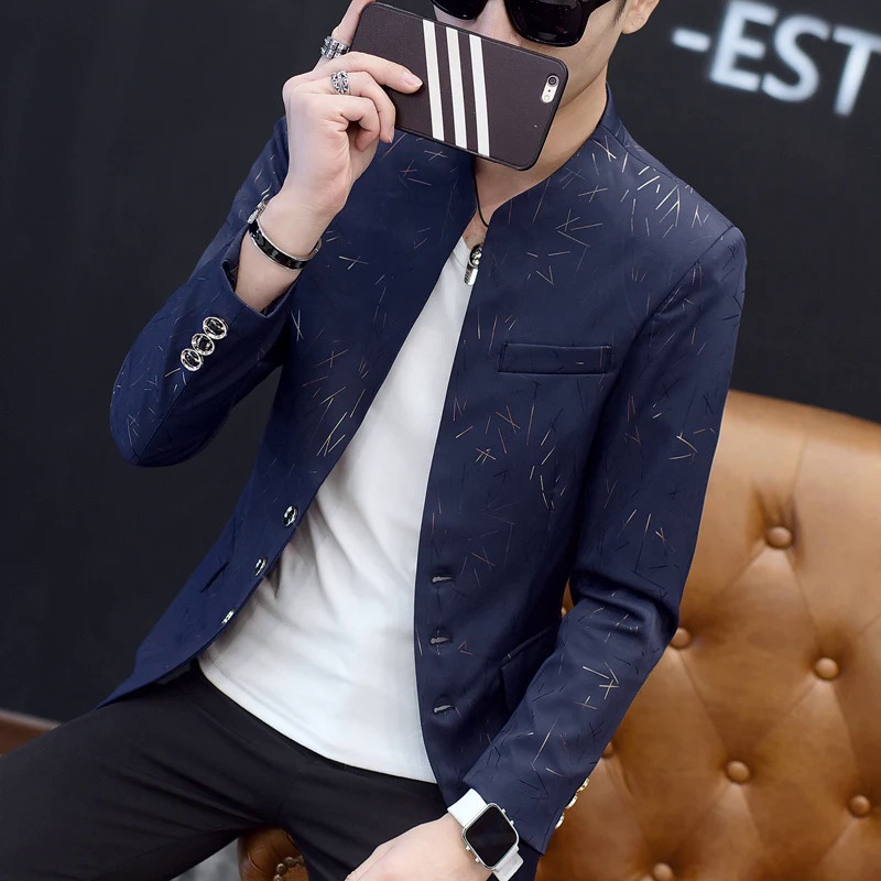 Men s Print Small Suit Jacket Coats Chinese Style Slim Standing Collar Outfit Handsome Coat Male Suit Coat Shopee Philippines