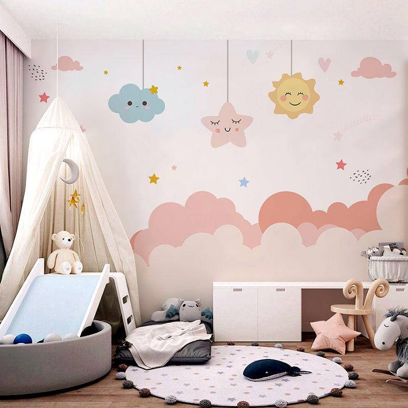 Cartoon Star Cloud Wallpaper Sun Pink Wallpaper Children's Room Mural ...
