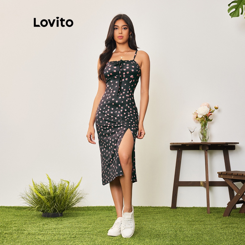 Lovito Women Casual Ditsy Floral Split Dress Lba Black Shopee