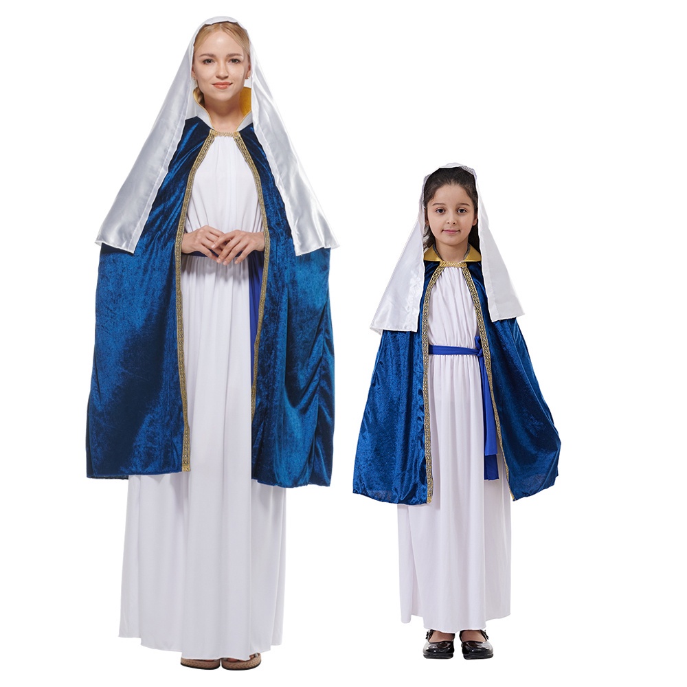 Girls Virgin Mary Costume Kids Biblical Characters Nativity Nun Dresses