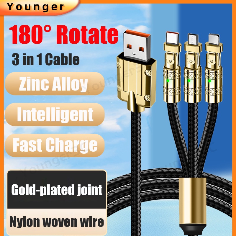 180°Rotate 120W Fast Charging Cable 3 In 1 Zinc Alloy Woven Bold Data ...