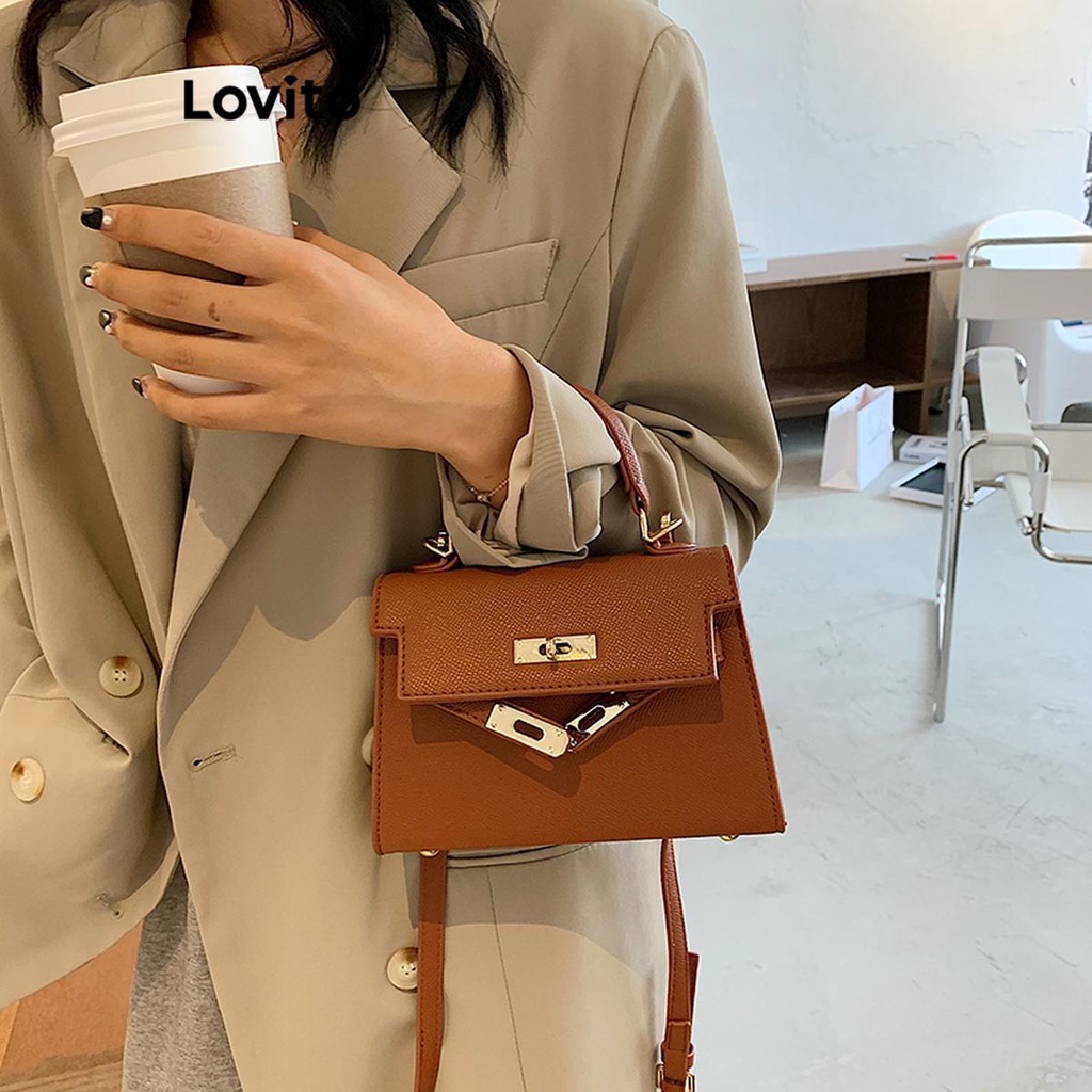 Lovito Elegant Plain Kelly Square Lock Light Luxury Small Shoulder Bag ...