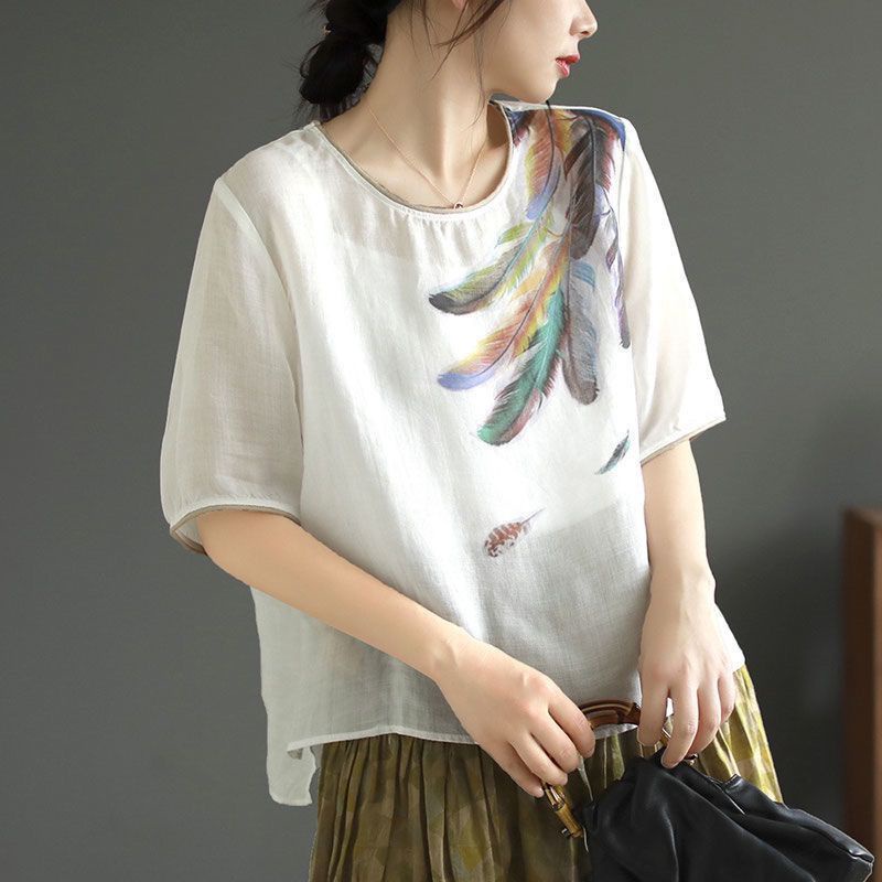 Cotton and Linen Blouse for Women Plus Size Summer Retro Printed Loose ...