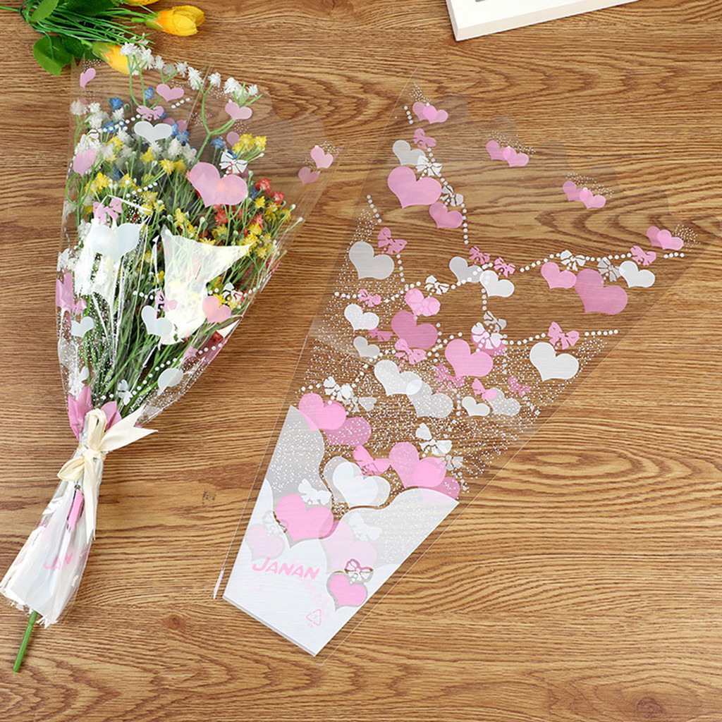 100pcs/Set Colorful Heart Shape Flower Bouquet Bag Transparent Clear ...