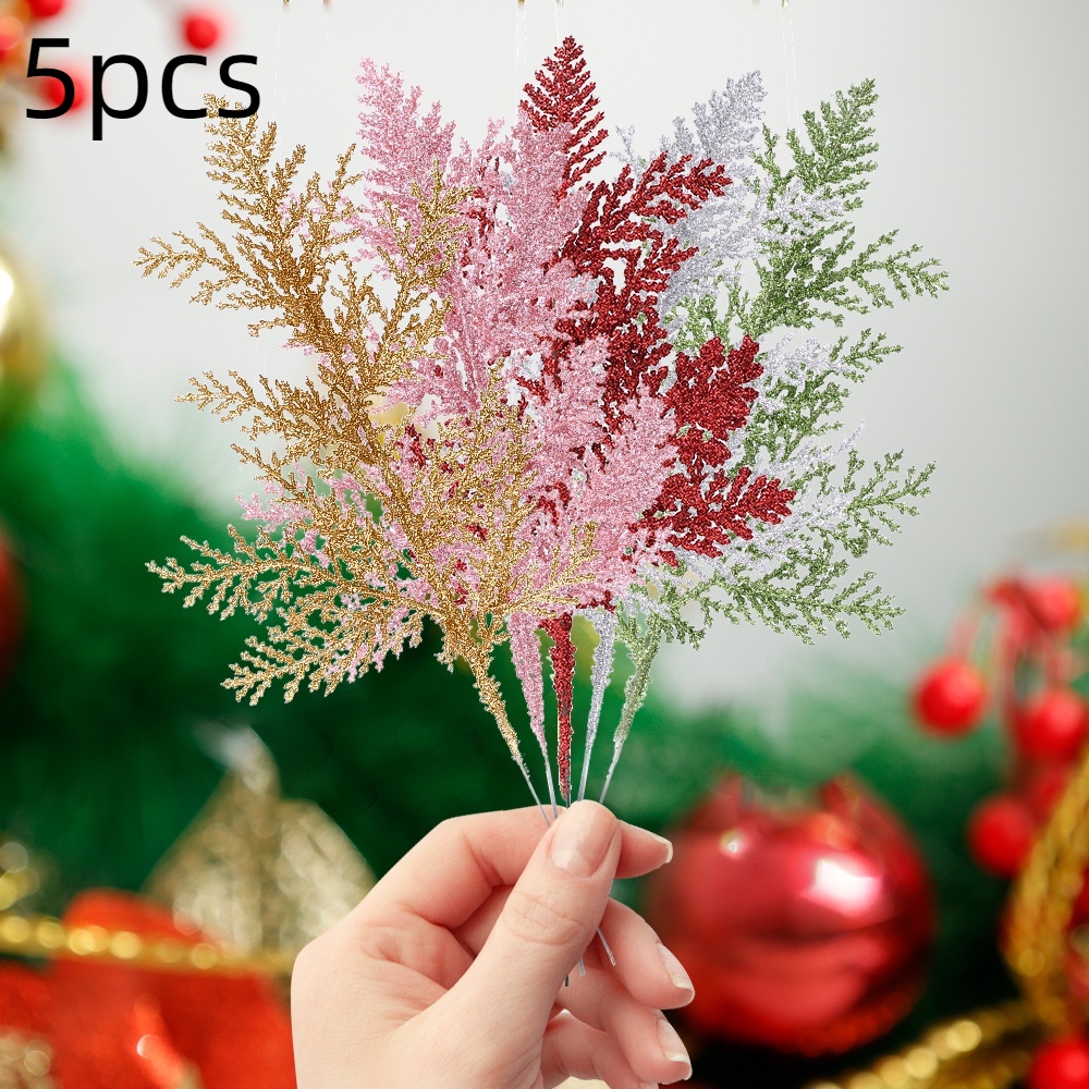 5pcs Christmas Simulation Leaves Multicolor Glitter Artificial Pine Leaves Xmas Tree Decoration