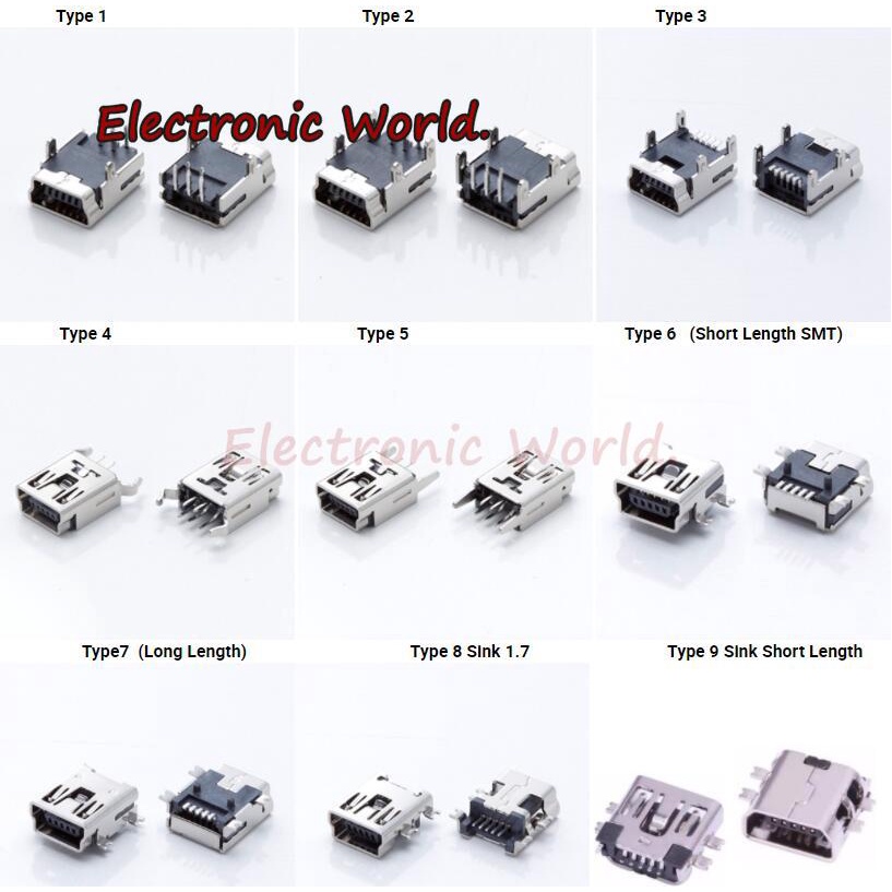 10Pieces 9Types Mini USB Connector B Type USB 2.0 Jack 5pin SMT DIP PCB ...